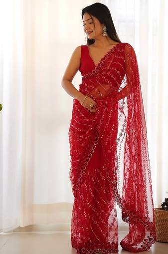 Red butterfly net with embroidered thread work saree with blouse