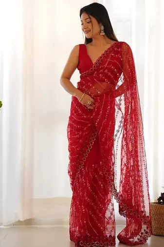 Red butterfly net with embroidered thread work saree with blouse