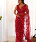Red butterfly net with embroidered thread work saree with blouse