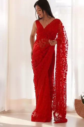 Red butterfly net with embroidered thread work saree with blouse