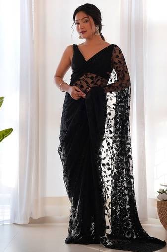 Black butterfly net with embroidered thread work saree with blouse