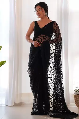 Black butterfly net with embroidered thread work saree with blouse