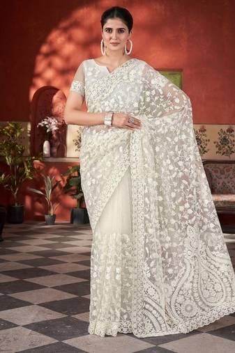 White butterfly net with embroidered thread work saree with blouse