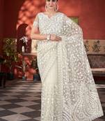 White butterfly net with embroidered thread work saree with blouse