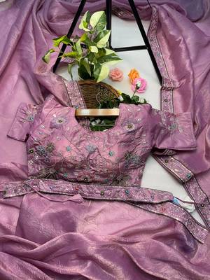 Onionpink gold crunchy with thread and hand work saree with blouse 1