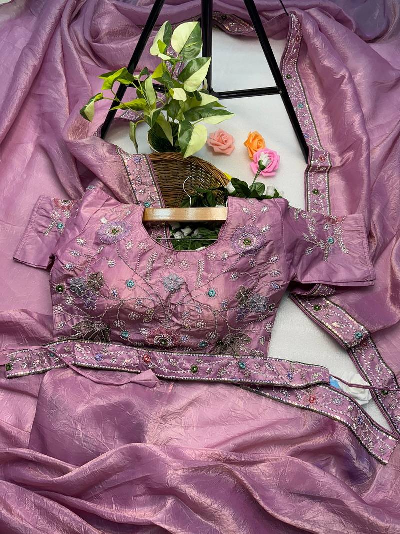 Onionpink gold crunchy with thread and hand work saree with blouse