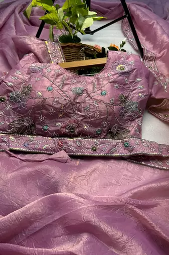 Onionpink gold crunchy with thread and hand work saree with blouse
