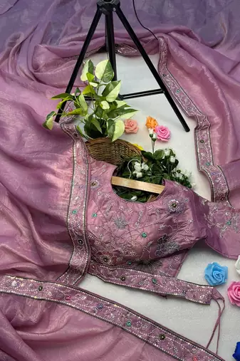 Onionpink gold crunchy with thread and hand work saree with blouse
