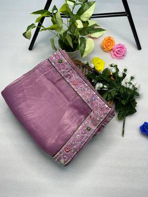 Onionpink gold crunchy with thread and hand work saree with blouse 4