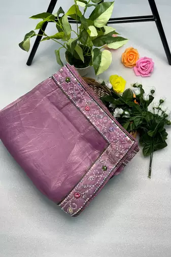 Onionpink gold crunchy with thread and hand work saree with blouse