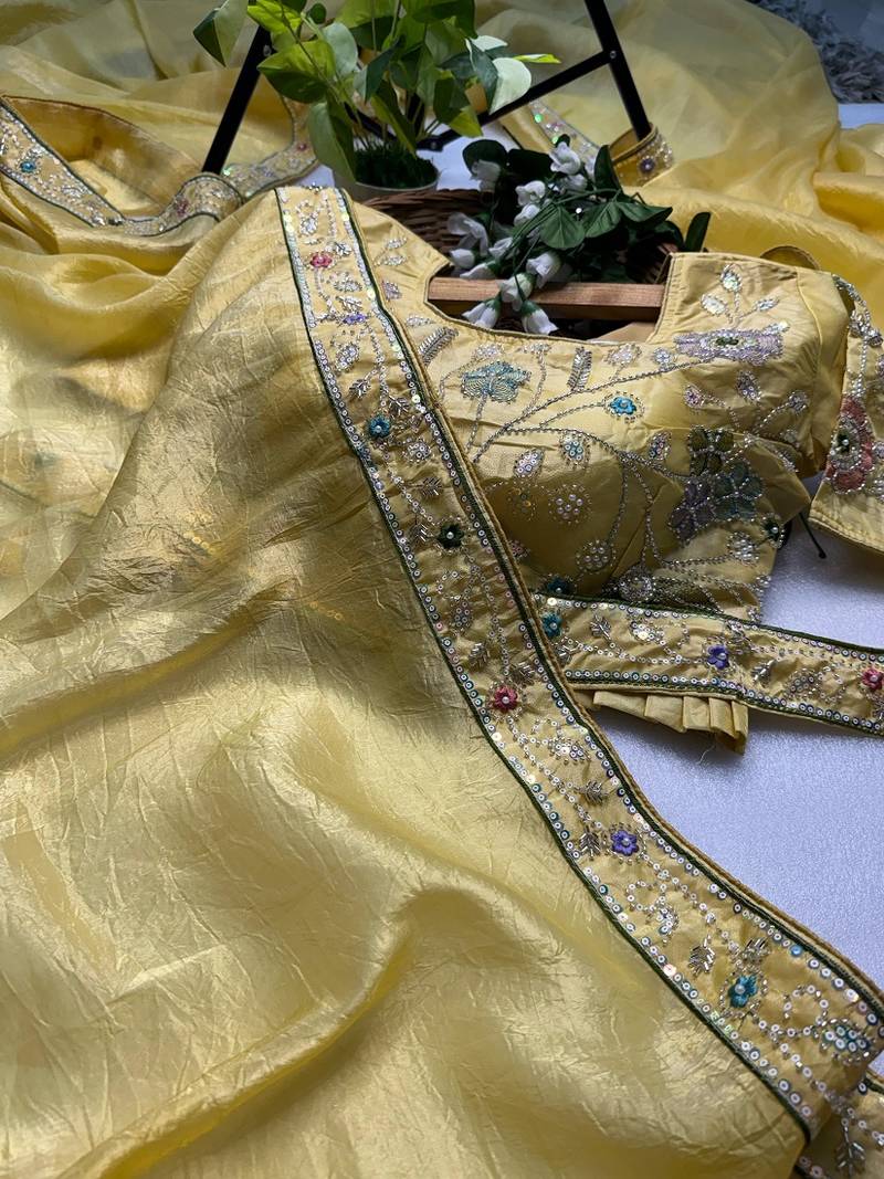 Yellow gold crunchy with thread and hand work saree with blouse