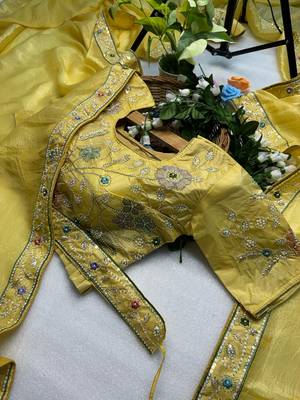 Yellow gold crunchy with thread and hand work saree with blouse 2