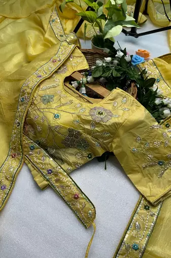 Yellow gold crunchy with thread and hand work saree with blouse