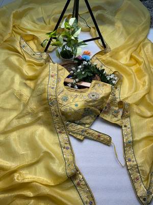 Yellow gold crunchy with thread and hand work saree with blouse 3