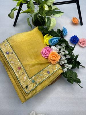 Yellow gold crunchy with thread and hand work saree with blouse 4