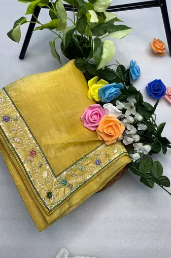 Yellow gold crunchy with thread and hand work saree with blouse