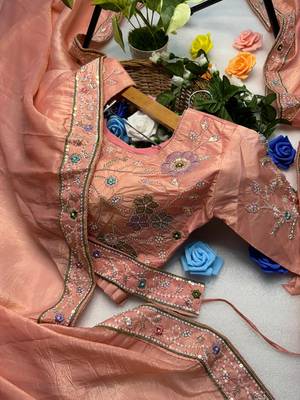 Peach gold crunchy with thread and hand work saree with blouse 2