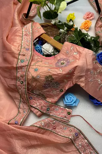 Peach gold crunchy with thread and hand work saree with blouse