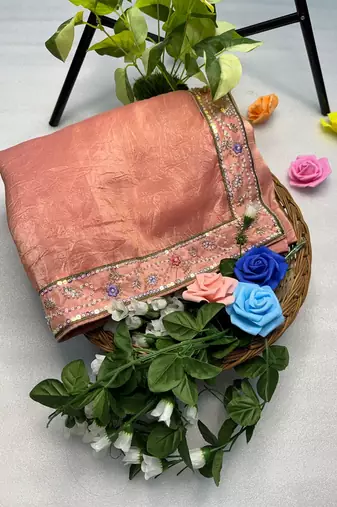 Peach gold crunchy with thread and hand work saree with blouse