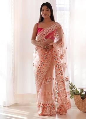 Peach butterfly net with chain stitch embroidered work saree with blouse 1