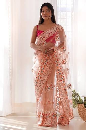 Peach butterfly net with chain stitch embroidered work saree with blouse
