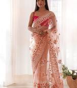 Peach butterfly net with chain stitch embroidered work saree with blouse