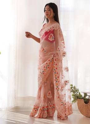 Peach butterfly net with chain stitch embroidered work saree with blouse 2