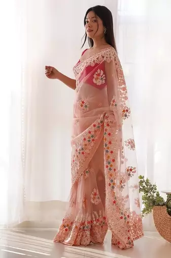 Peach butterfly net with chain stitch embroidered work saree with blouse