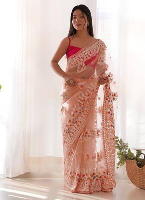 Peach butterfly net with chain stitch embroidered work saree with blouse 3