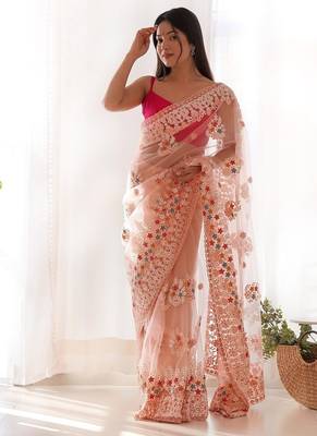 Peach butterfly net with chain stitch embroidered work saree with blouse 4