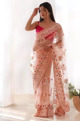 Peach butterfly net with chain stitch embroidered work saree with blouse