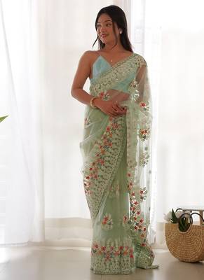Pista butterfly net with chain stitch embroidered work saree with blouse 1