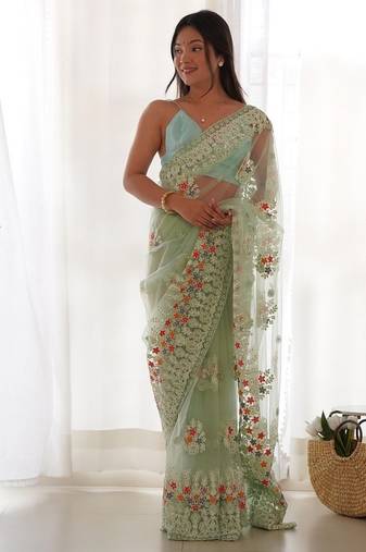 Pista butterfly net with chain stitch embroidered work saree with blouse