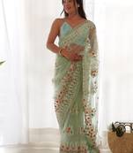 Pista butterfly net with chain stitch embroidered work saree with blouse