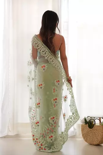 Pista butterfly net with chain stitch embroidered work saree with blouse