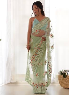 Pista butterfly net with chain stitch embroidered work saree with blouse 3