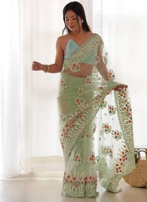 Pista butterfly net with chain stitch embroidered work saree with blouse 4
