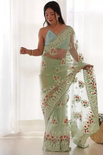 Pista butterfly net with chain stitch embroidered work saree with blouse