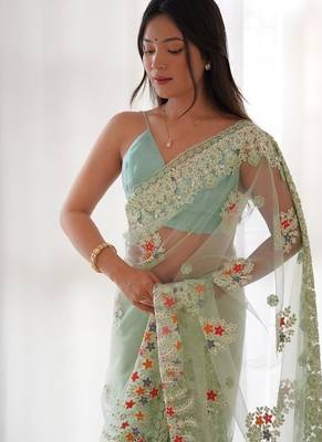 Pista butterfly net with chain stitch embroidered work saree with blouse 5