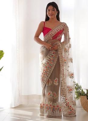 Beige butterfly net with chain stitch embroidered work saree with blouse 1