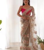 Beige butterfly net with chain stitch embroidered work saree with blouse