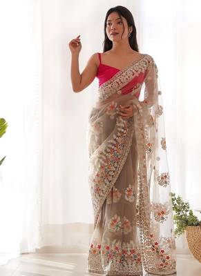 Beige butterfly net with chain stitch embroidered work saree with blouse 3