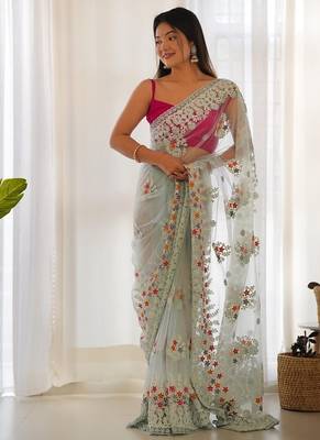Skyblue butterfly net with chain stitch embroidered work saree with blouse 1