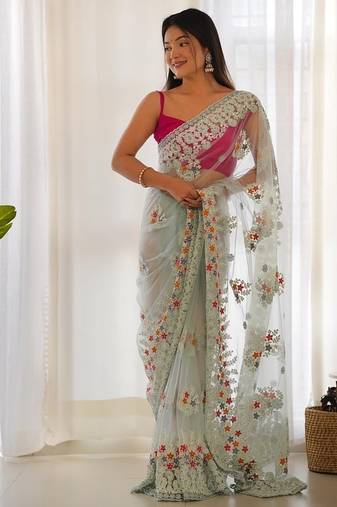 Skyblue butterfly net with chain stitch embroidered work saree with blouse