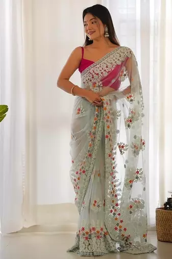 Skyblue butterfly net with chain stitch embroidered work saree with blouse
