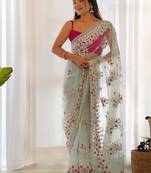 Skyblue butterfly net with chain stitch embroidered work saree with blouse