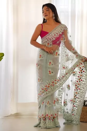 Skyblue butterfly net with chain stitch embroidered work saree with blouse