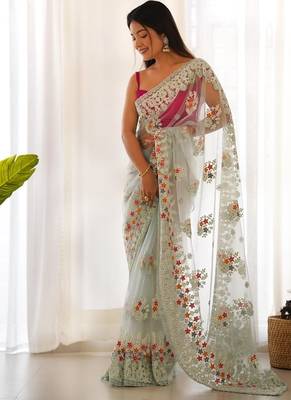 Skyblue butterfly net with chain stitch embroidered work saree with blouse 3