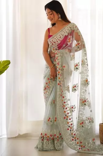 Skyblue butterfly net with chain stitch embroidered work saree with blouse