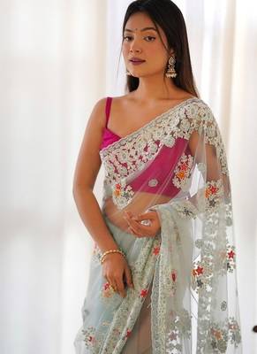 Skyblue butterfly net with chain stitch embroidered work saree with blouse 5